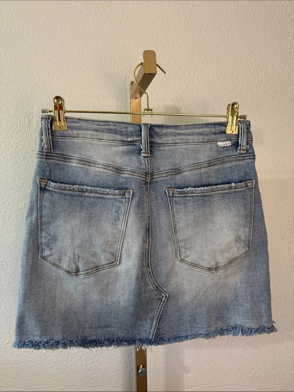 Womens Distressed Light Blue Denim Skirt